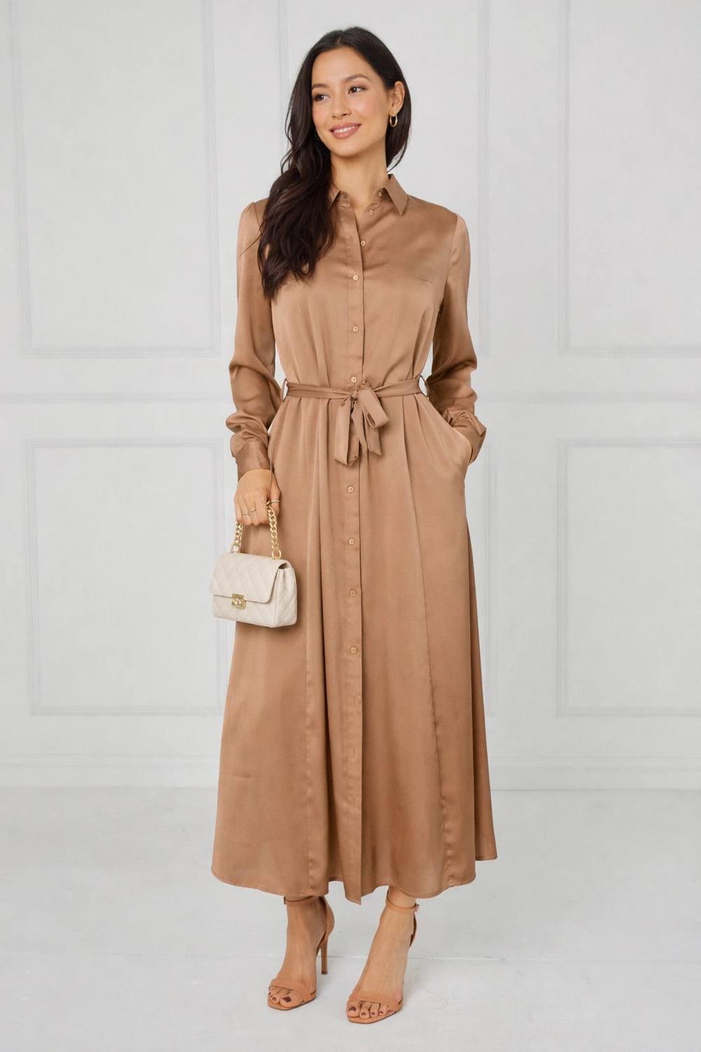 Love Sunshine Caramel Velvety Satin Maxi Shirt Dress In Camel