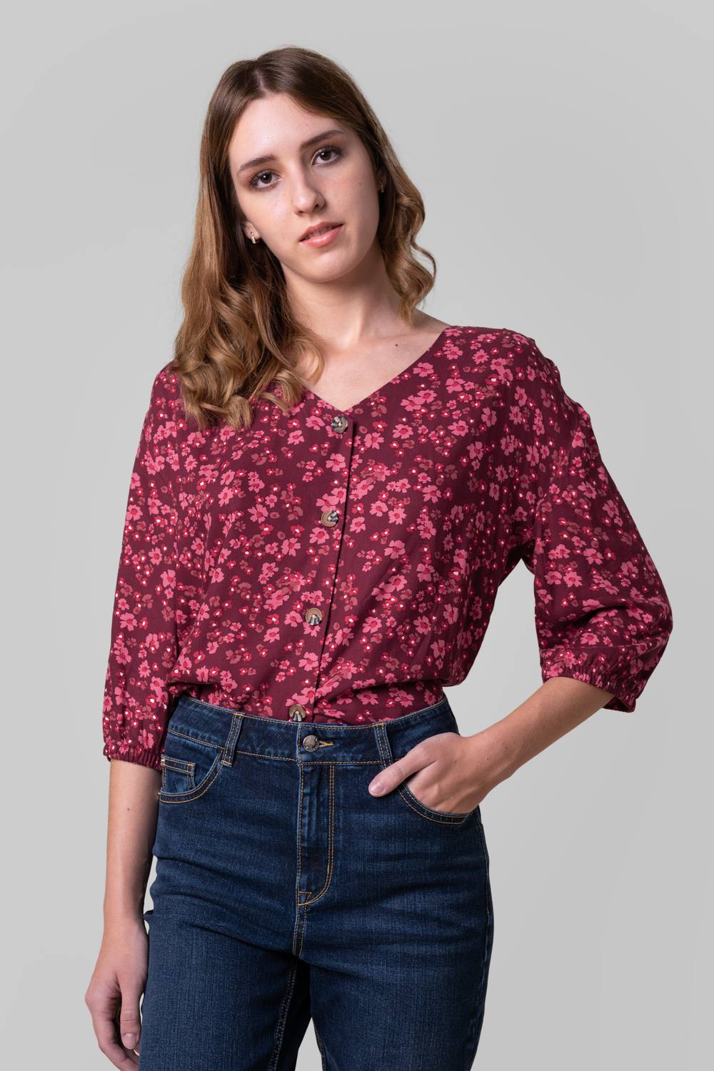Enorsia Floral Print Button Front Blouse In Red