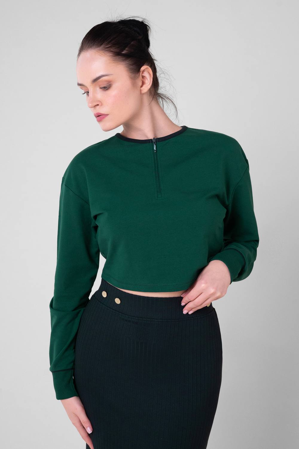 Enorsia Drop Shoulder Half Zip Crop Top In Green