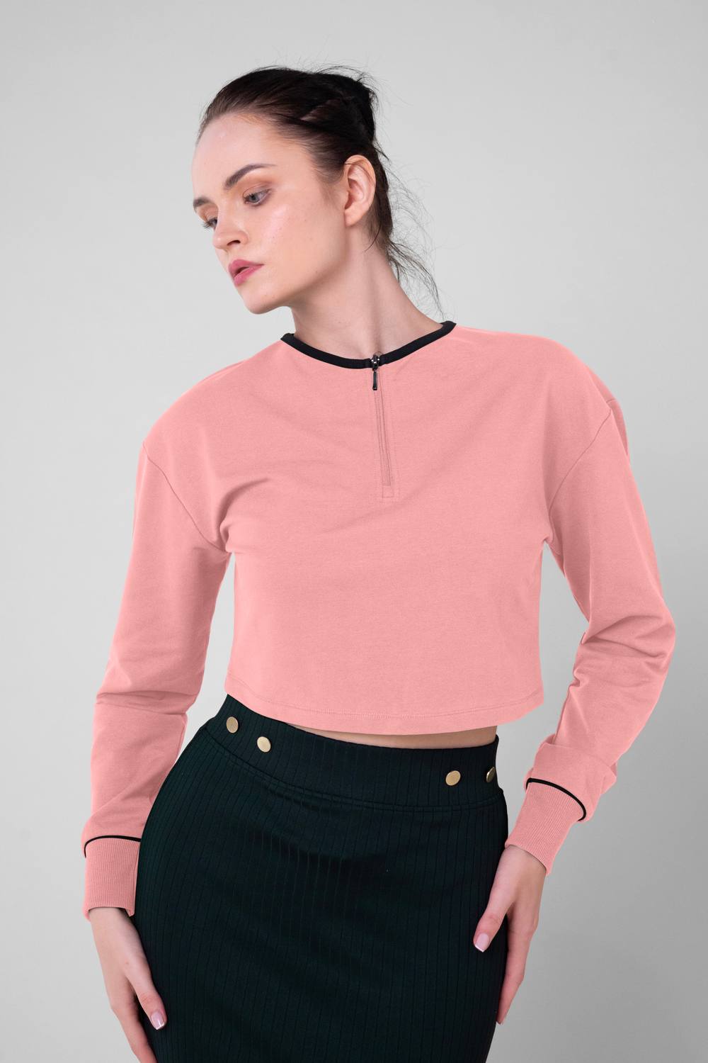 Enorsia Drop Shoulder Half Zip Crop Top In Pink