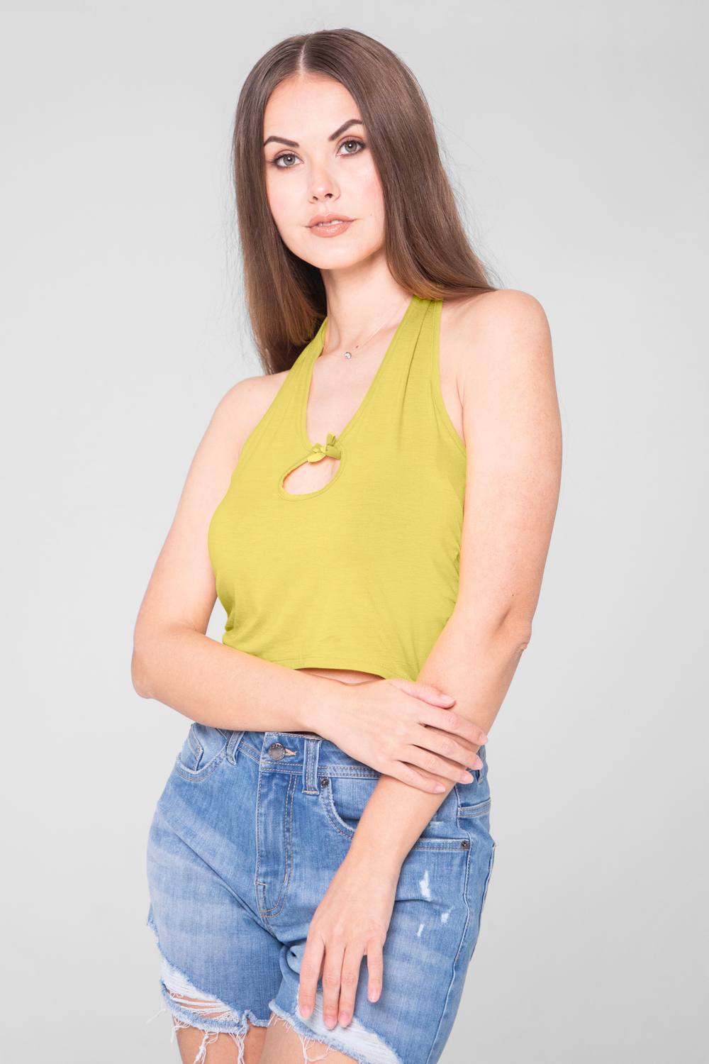 Enorsia Halter Neck Crop Tank Top In Yellow