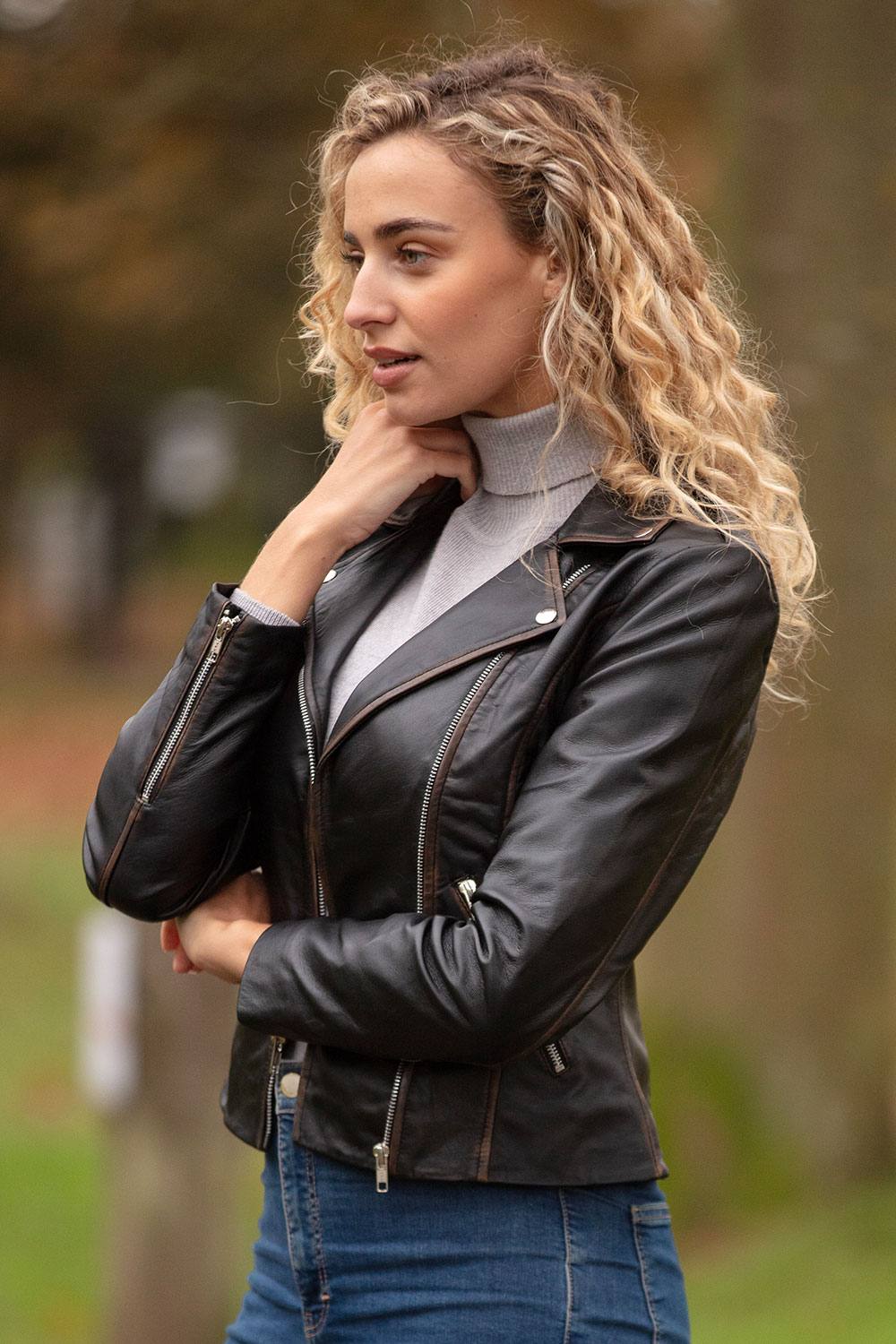 Ashwood Leather 'fia' Real Leather Biker Jacket Women Coat In Jet Black