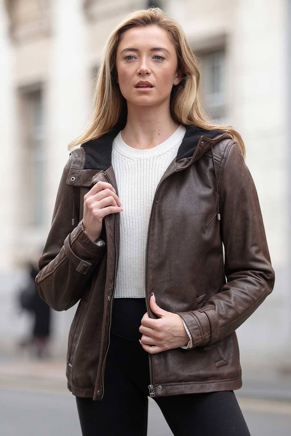 Ashwood Leather 'nicola' Real Leather Hooded Jacket Women Coat In Khaki