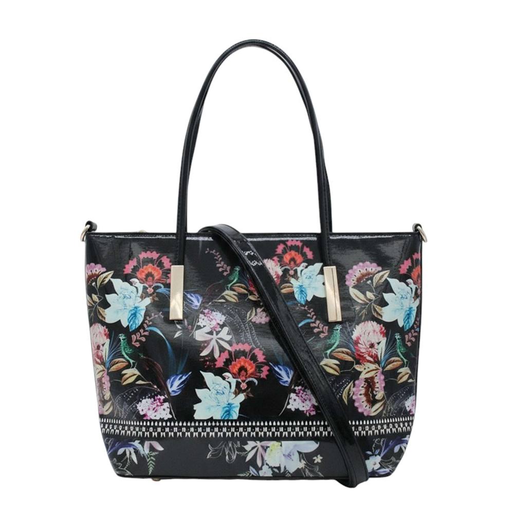 Kitise Floral Print Glossy Patent Faux Leather Tote Shoulder Handbag In Black