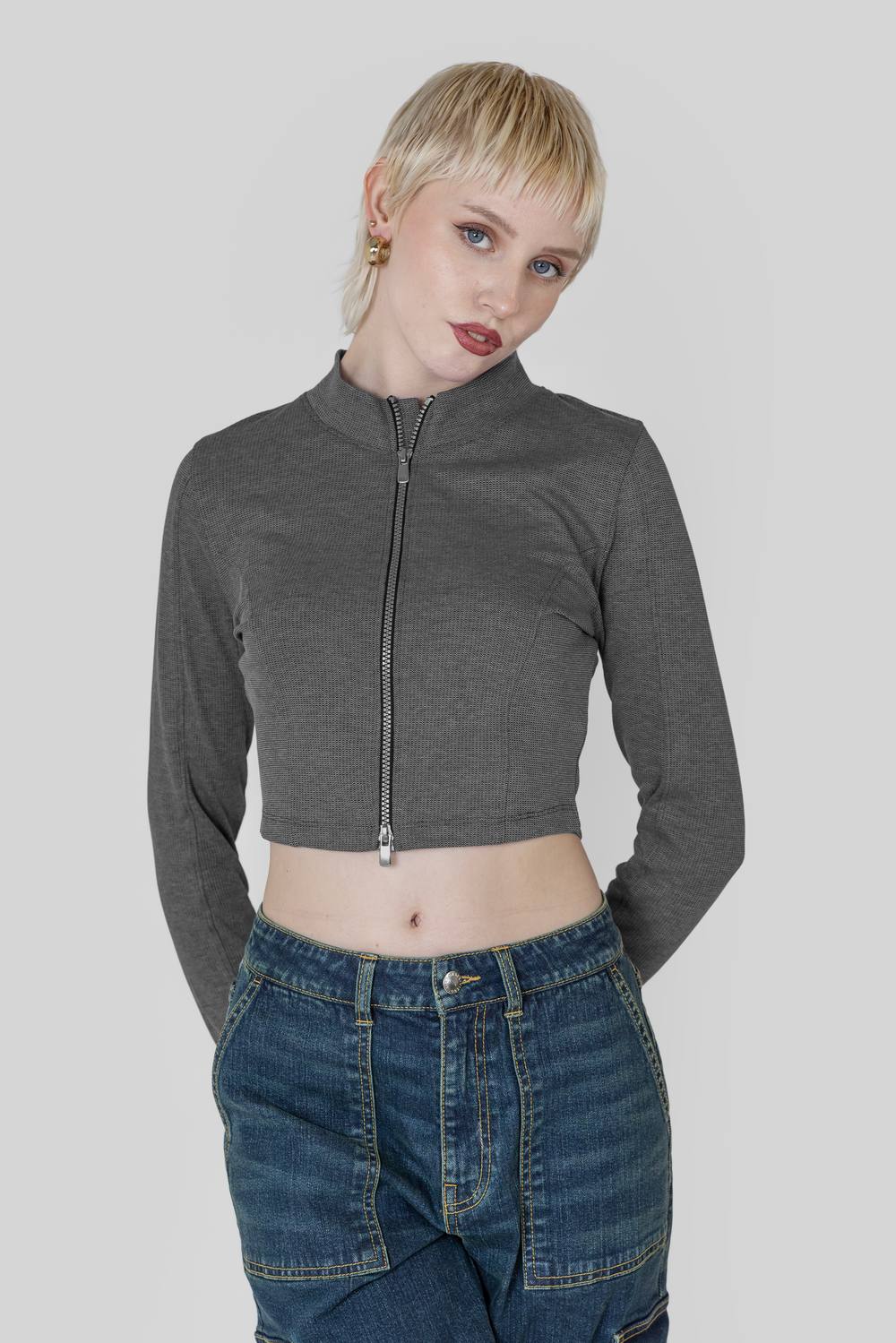 Enorsia Design Jersey Long Sleeve Crop Zip Top In Grey