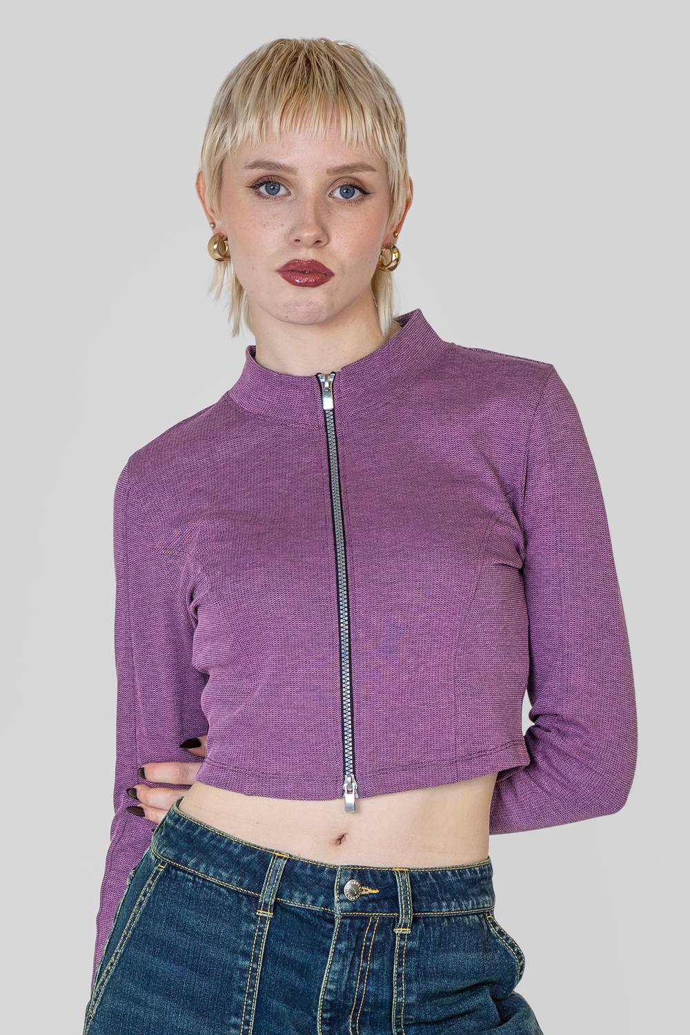 Enorsia Design Jersey Long Sleeve Crop Zip Top In Pink