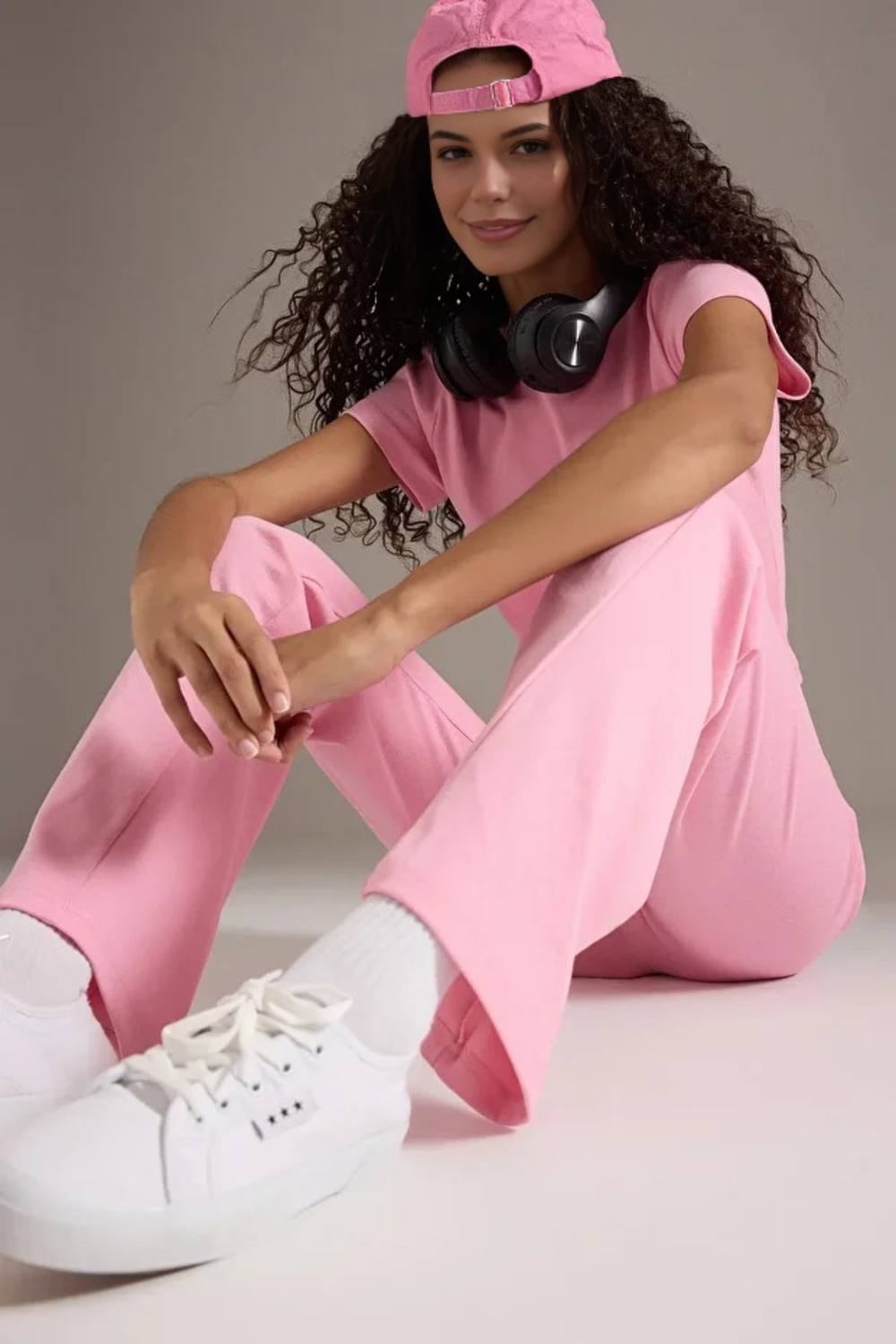 Wovcor Stretch Woven Crop Top & Trousers Co-Ord Set In Pink