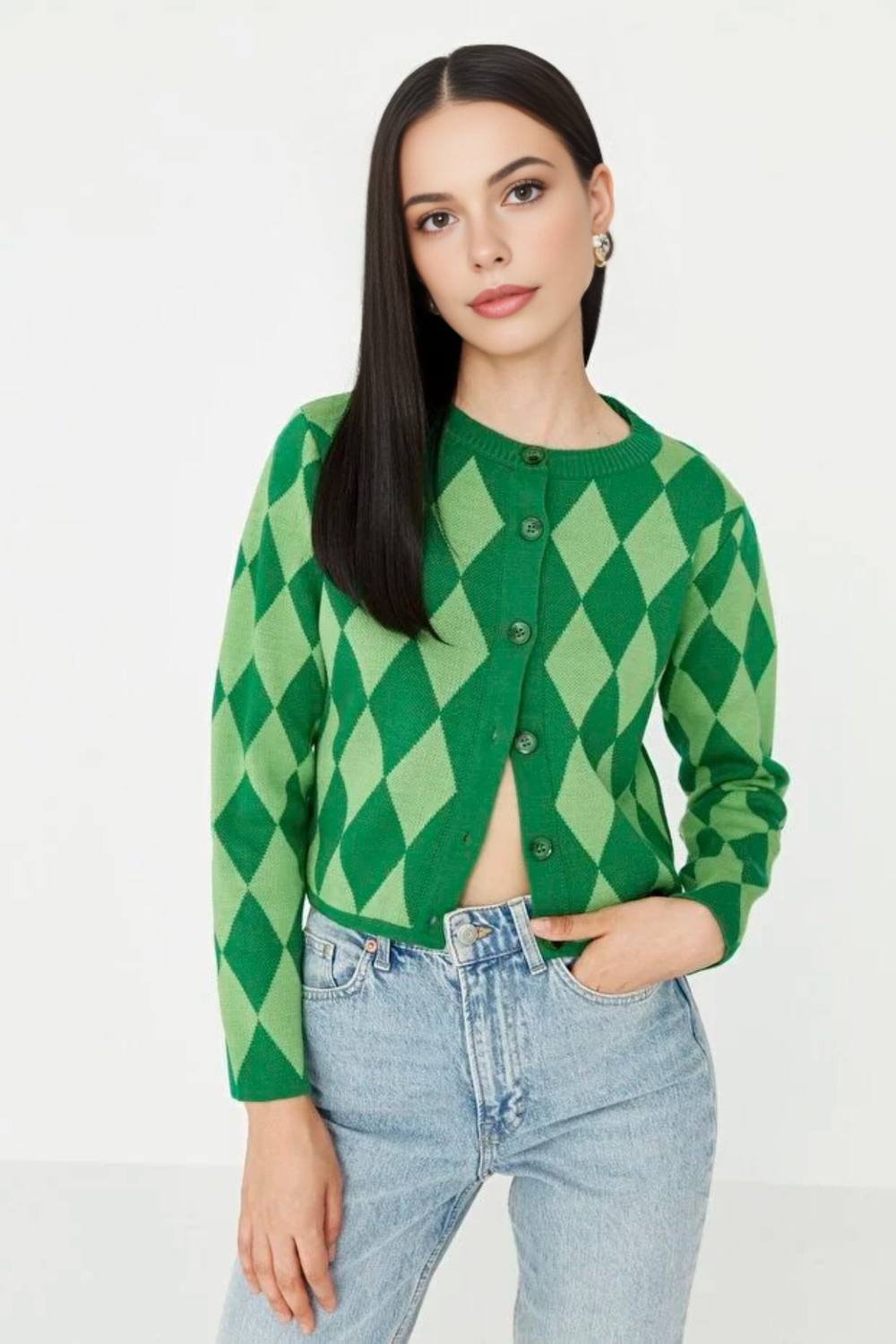 Wovcor Crop Argyle Ribbed Knit Cardigan With Button Front In Green