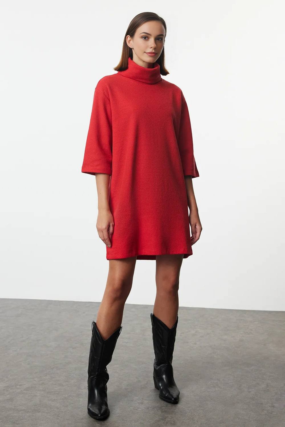 Wovcor Turtleneck Ribbed Knit Sleeve Mini Dress In Red