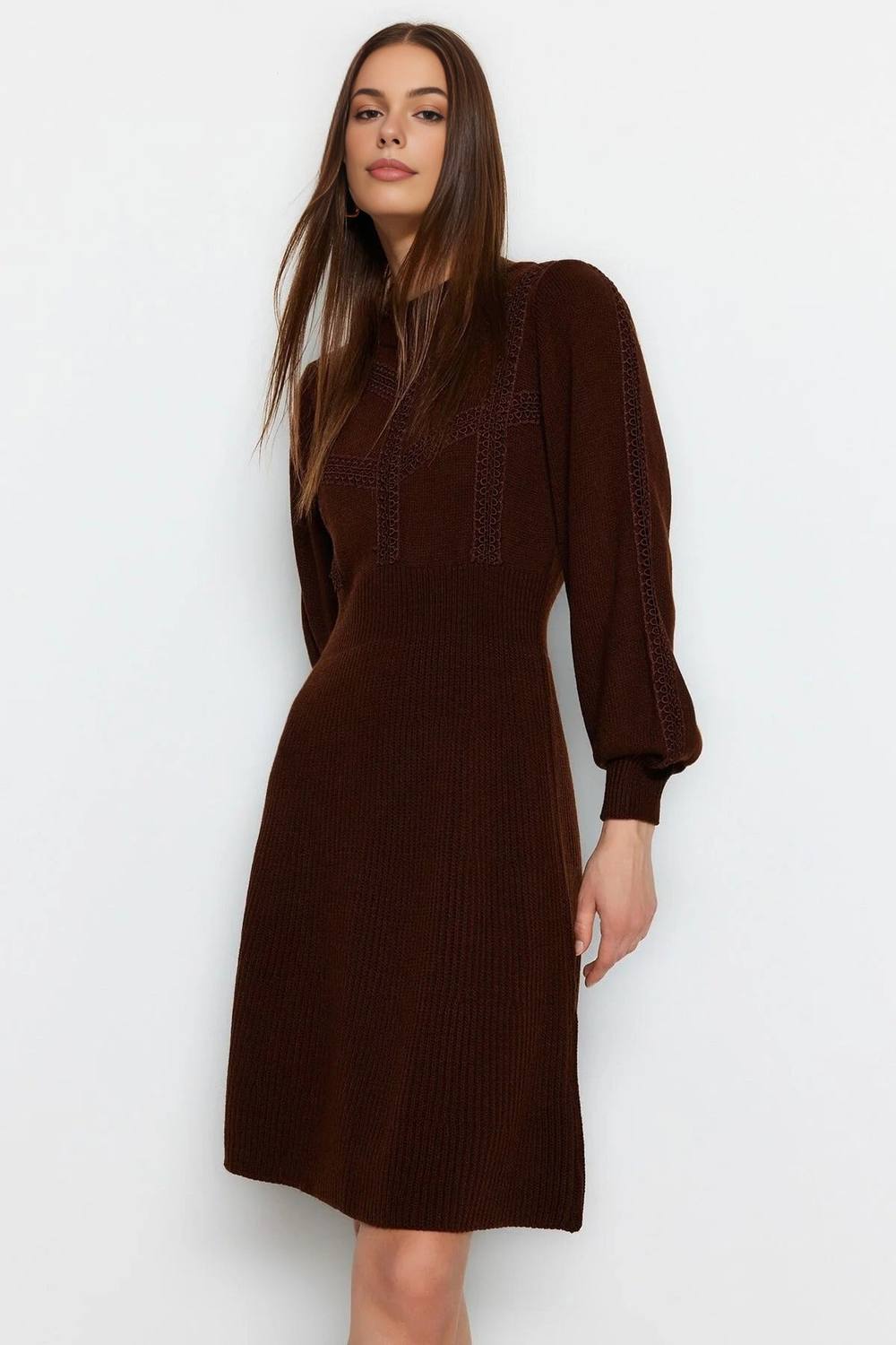 Wovcor Mini Lace Knit Dress With High Neck Detail In Brown