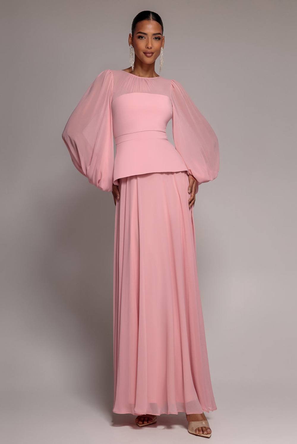 Goddiva Bishop Sleeve Peplum Top Scuba Crepe And Chiffon Maxi Dress In Light Pink