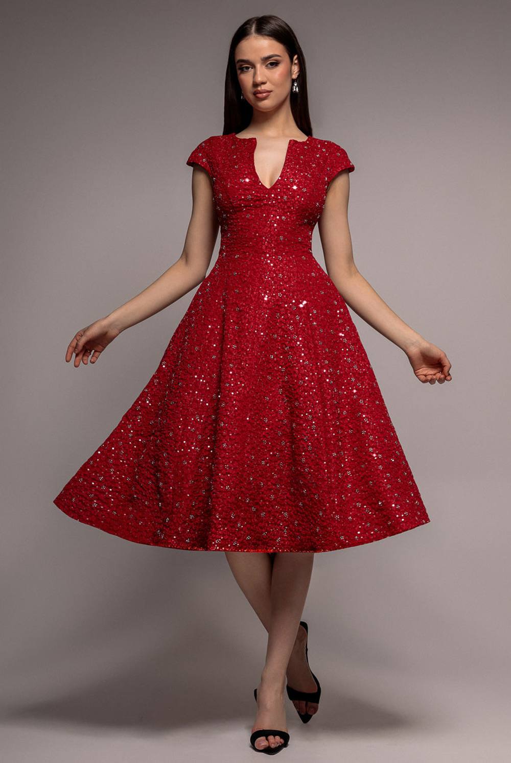 Goddiva Bead Embellished Jacquard A Line Midi Dress In Red
