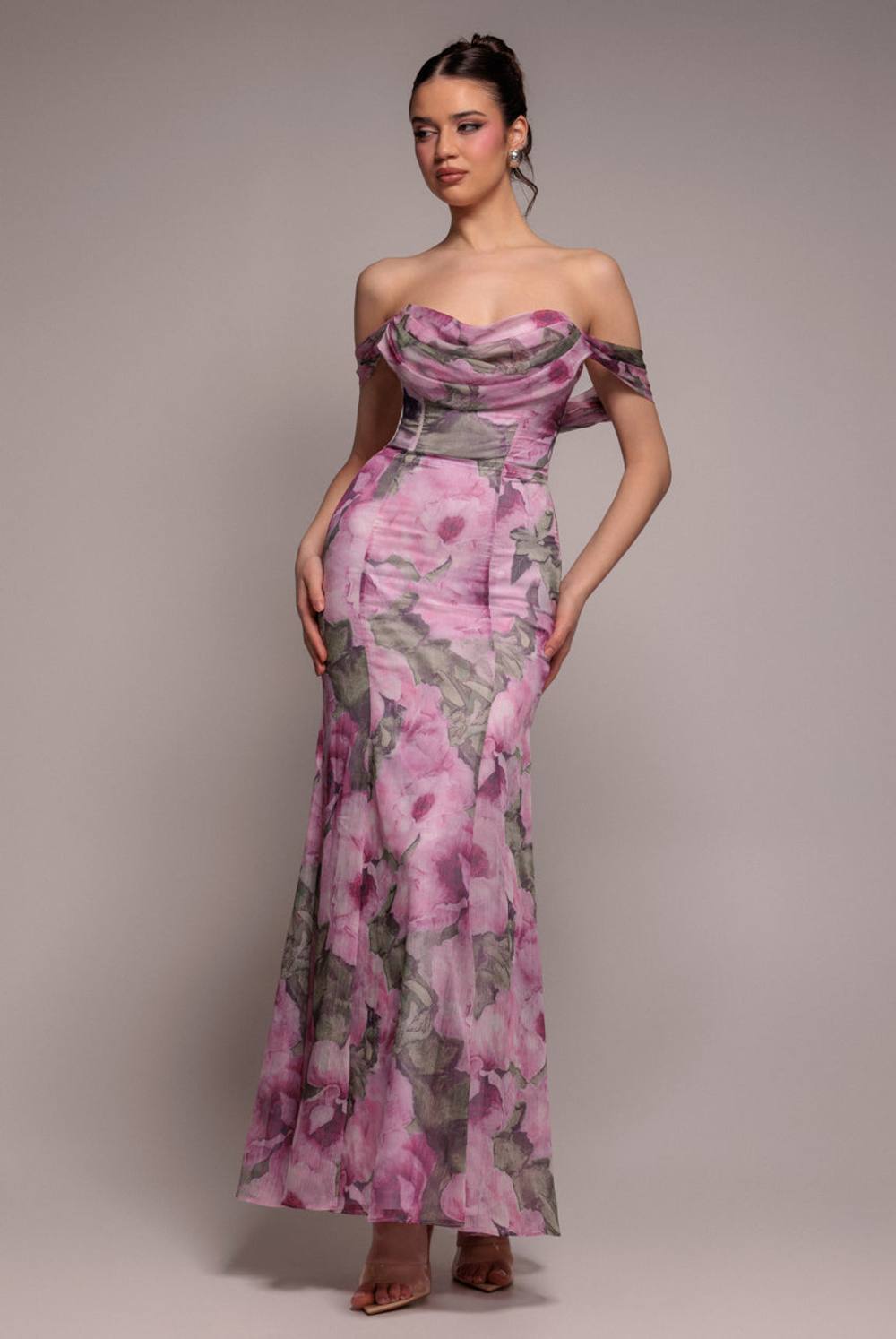 Goddiva Cowl Neck Floral Print Jacquard Chiffon Maxi Dress In Light Pink