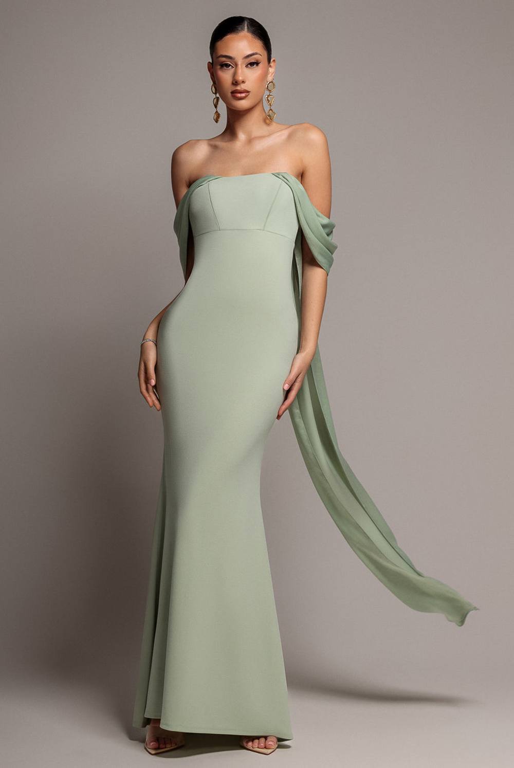 Goddiva Off Shoulder Velvet Satin Wing Cape Maxi Dress In Light Green