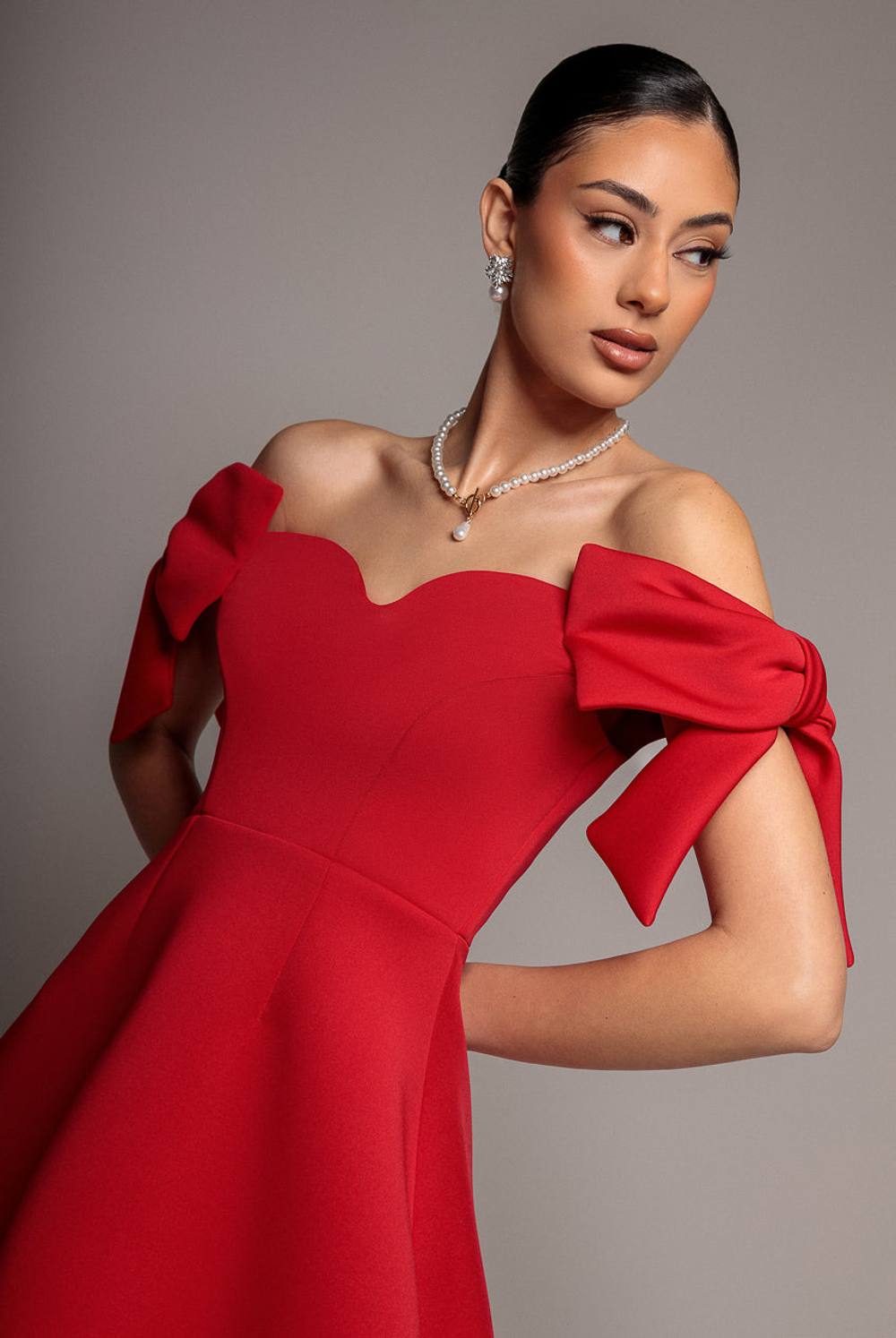 Goddiva Bardot Plunge Neck Bow Sleeve Skater Mini Dress In Red