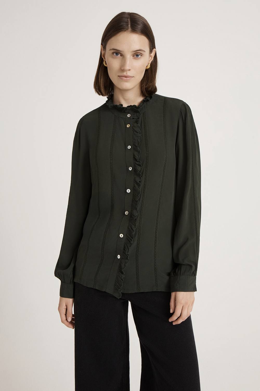 Finery London Fiora Crepe Button Through Blouse In Bottle Green