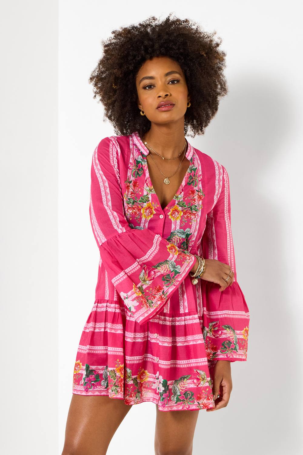 Joe Browns Long Flared Sleeve Floral Cotton Tunic Dress In Pink