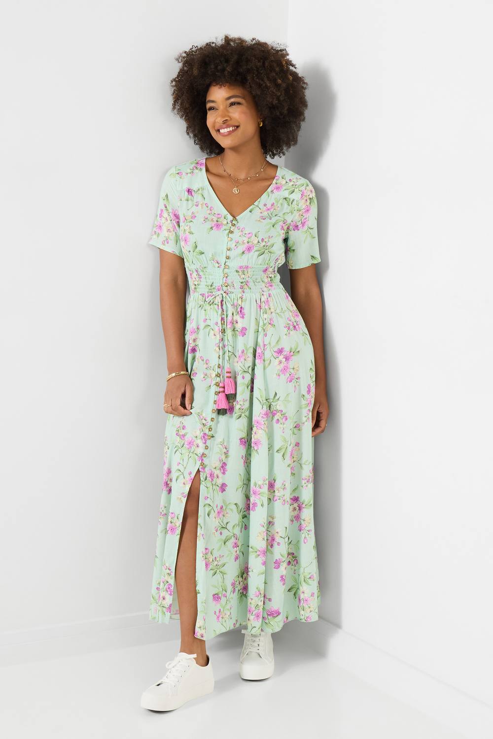 Joe Browns Petite Bold Summer Floral Shirred Waistband Maxi Dress In Mint