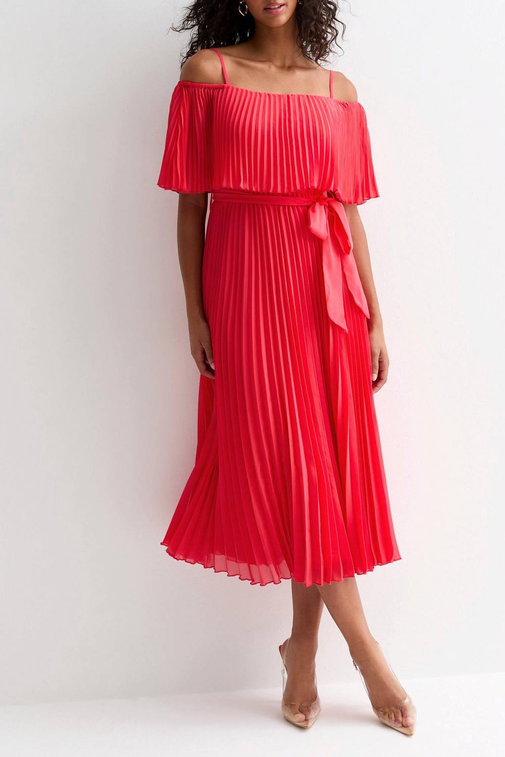 Cutie London Pleated Bardot Midaxi Dress In Red