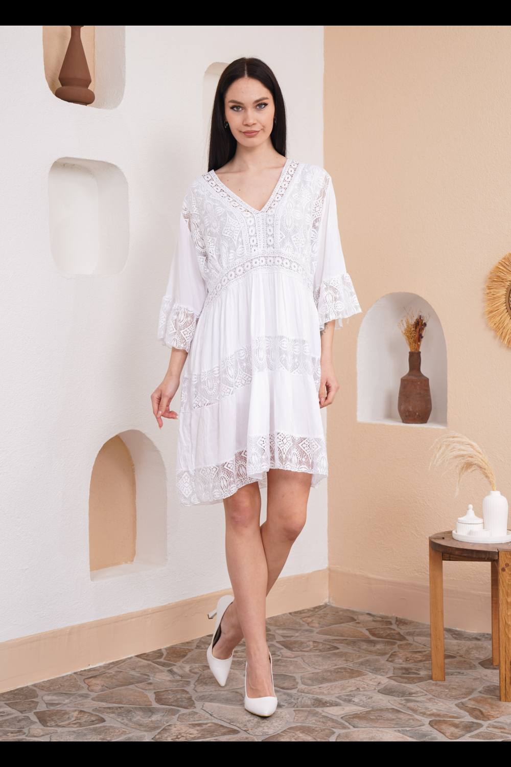Hoxton Gal Oversized Sleeves Lace Detailed V Neck Mini Dress In White