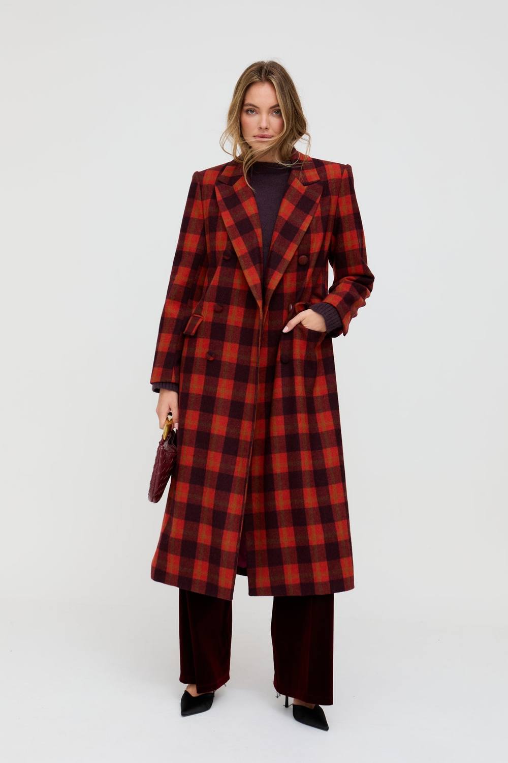 Lily And Lionel Tamara Double Breasted Check Print Coat In Red