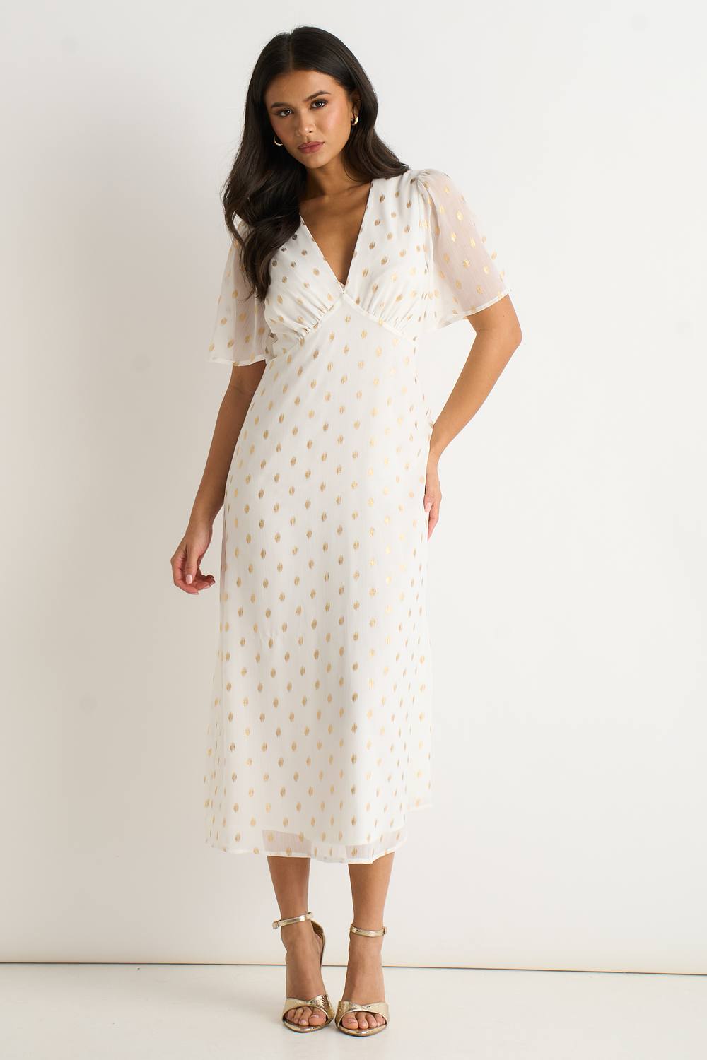Gini London White V Neck Foil Midi Skater Dress