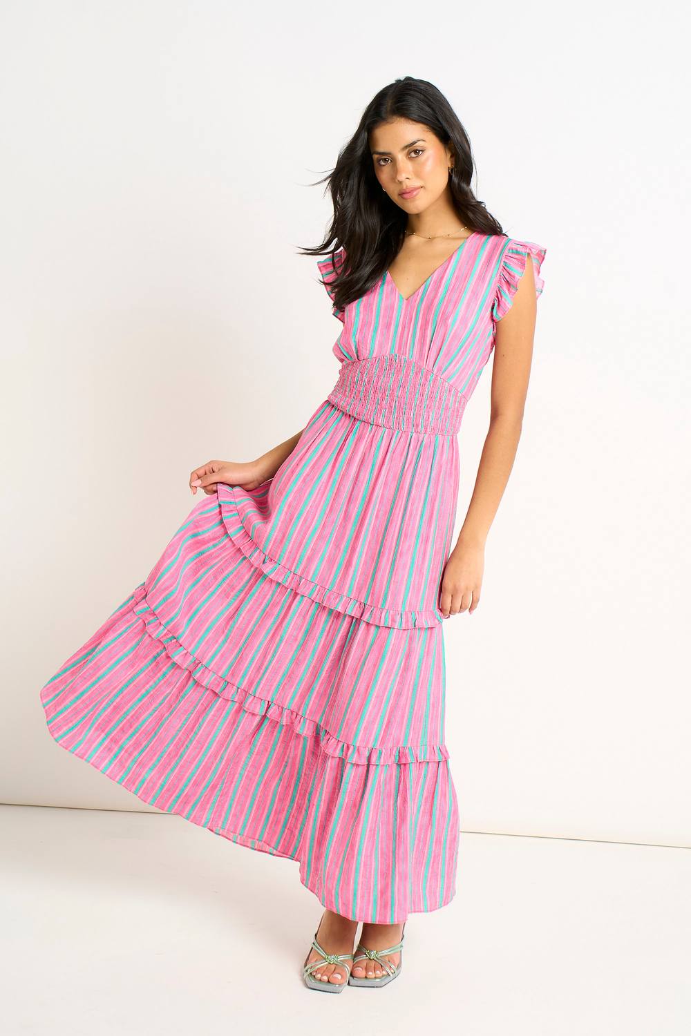 Gini London Pink Summer Stripe Shirred Waist Maxi Dress