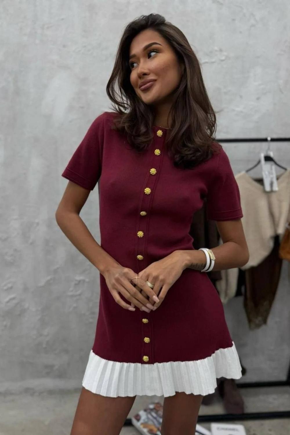 Peach Accessories Knit Mini Dress With White Pleated Trim In Wine