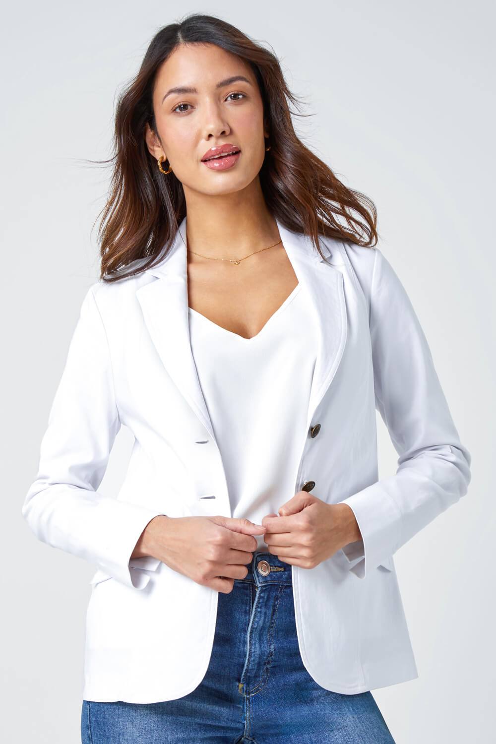 Roman Button Detail Stretch Blazer In White
