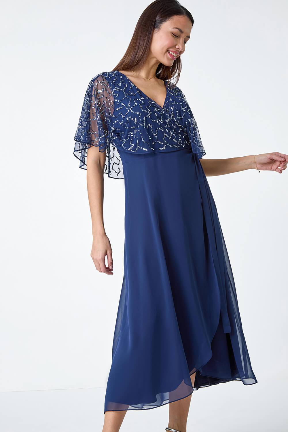 Roman Sequin Embellished Chiffon Wrap Maxi Dress In Navy