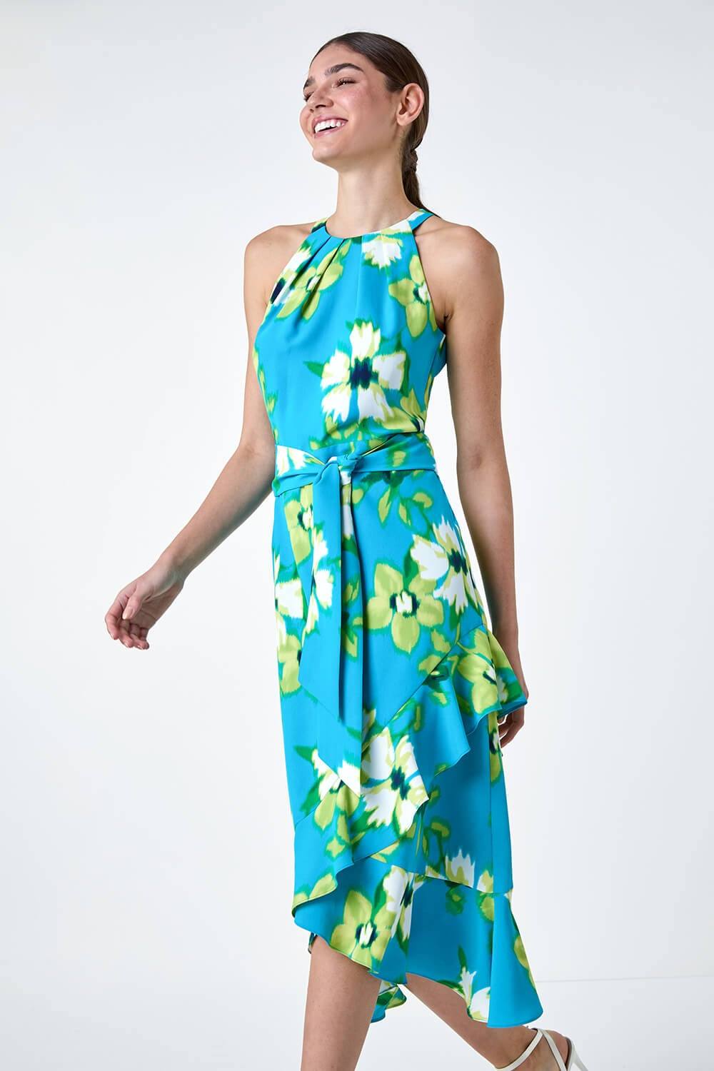 Roman Floral Print Chiffon Halter Neck Midi Dress In Turquoise