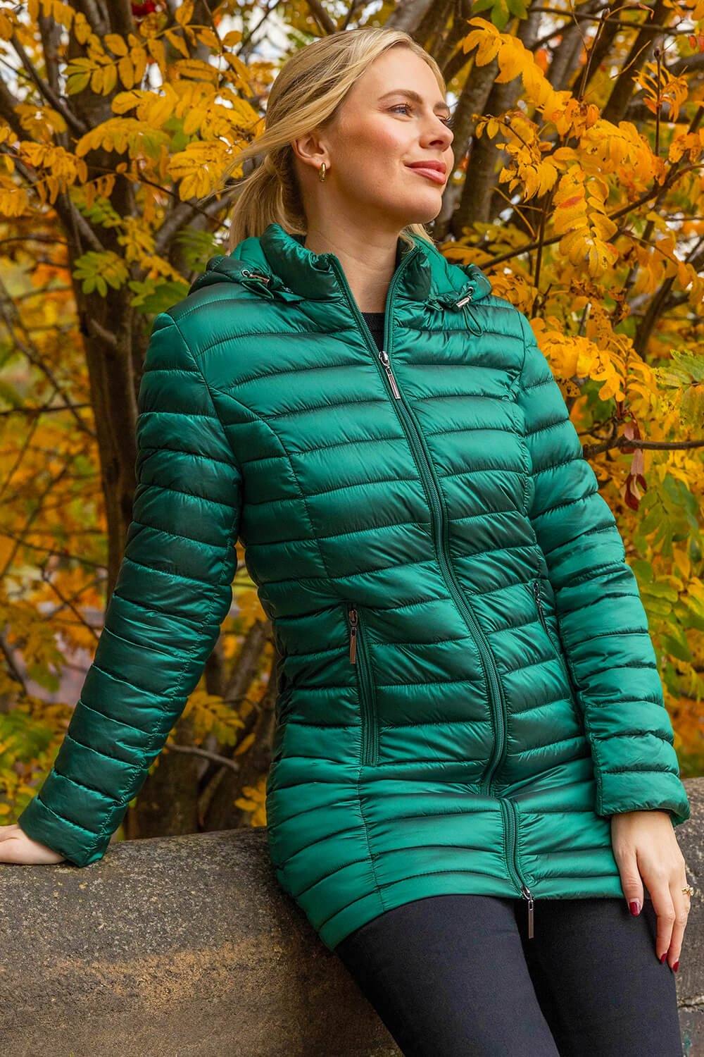 Roman Longline Quilted Hooded Puffer Coat In Green