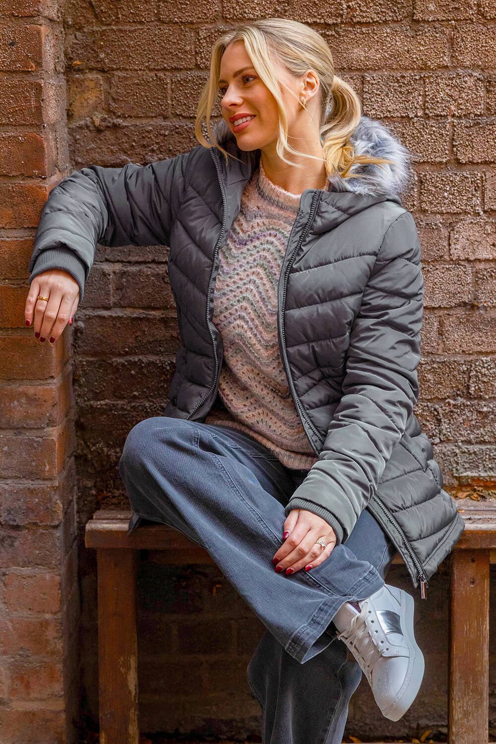 Roman Faux Fur Hooded Quilt Coat In Charcoal