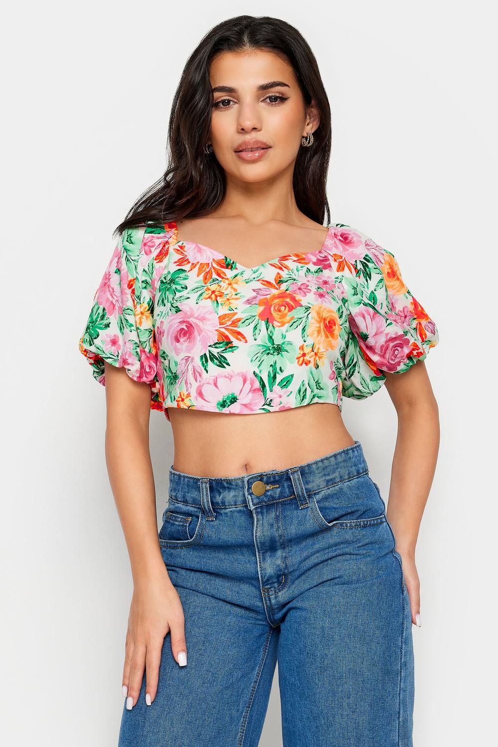 Pixiegirl Petite Floral Print Puff Sleeve Crop Top In White