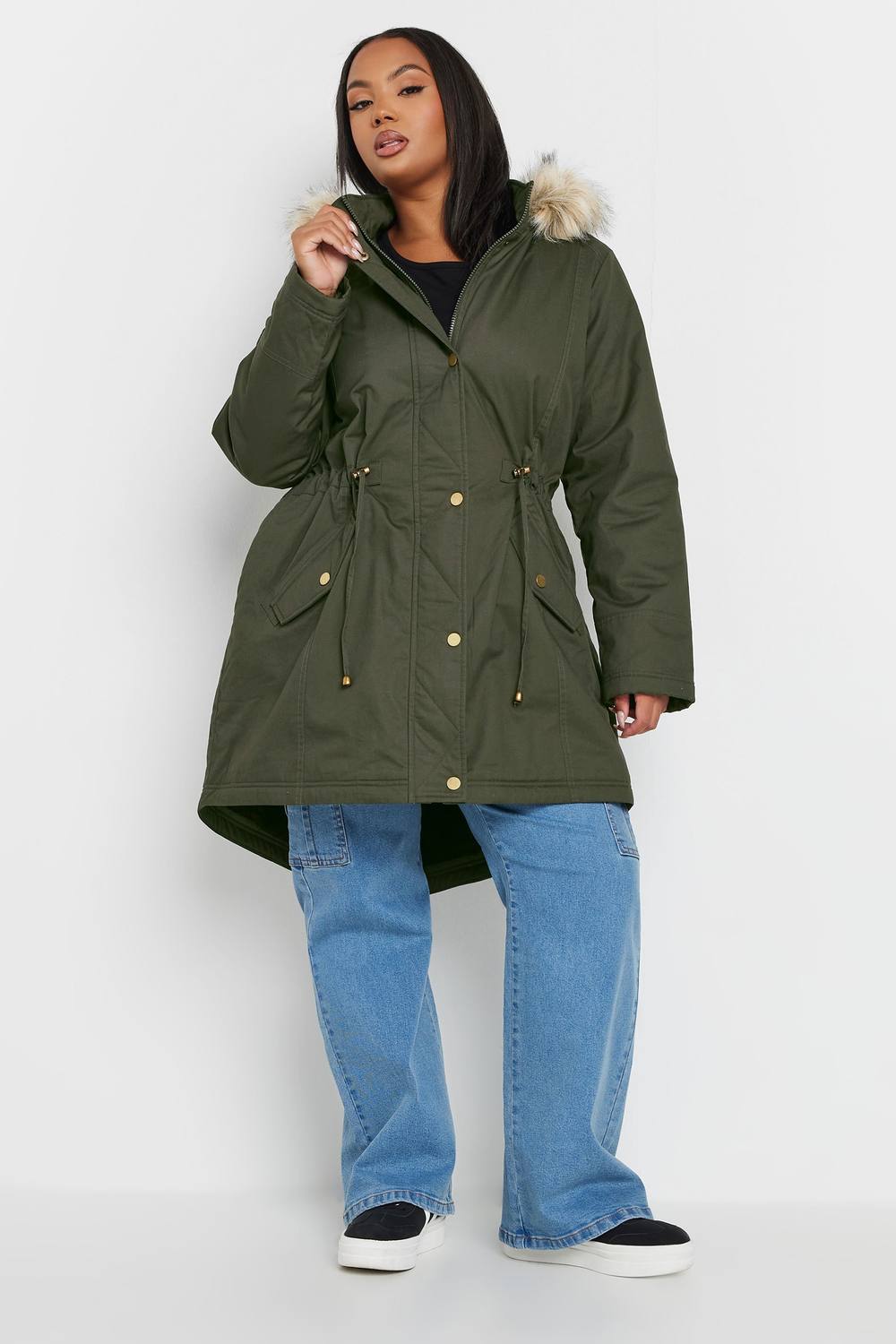 Yours Faux Fur Trim Parka Coat In Dark Green