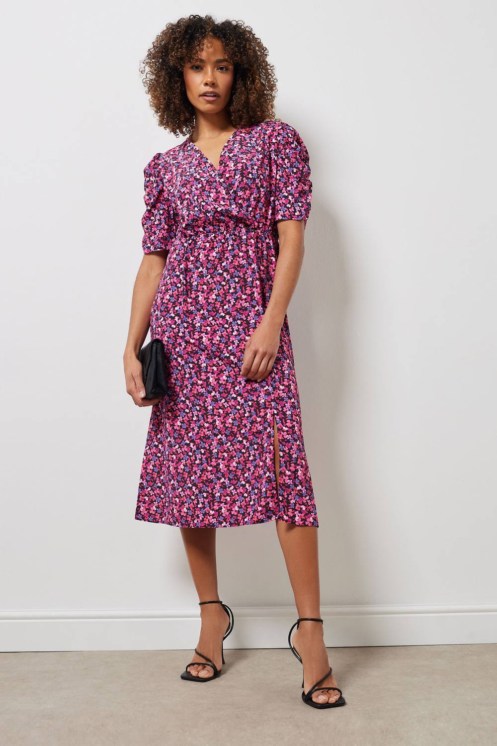 M&co Wrap Ruched Sleeve Dress In Black