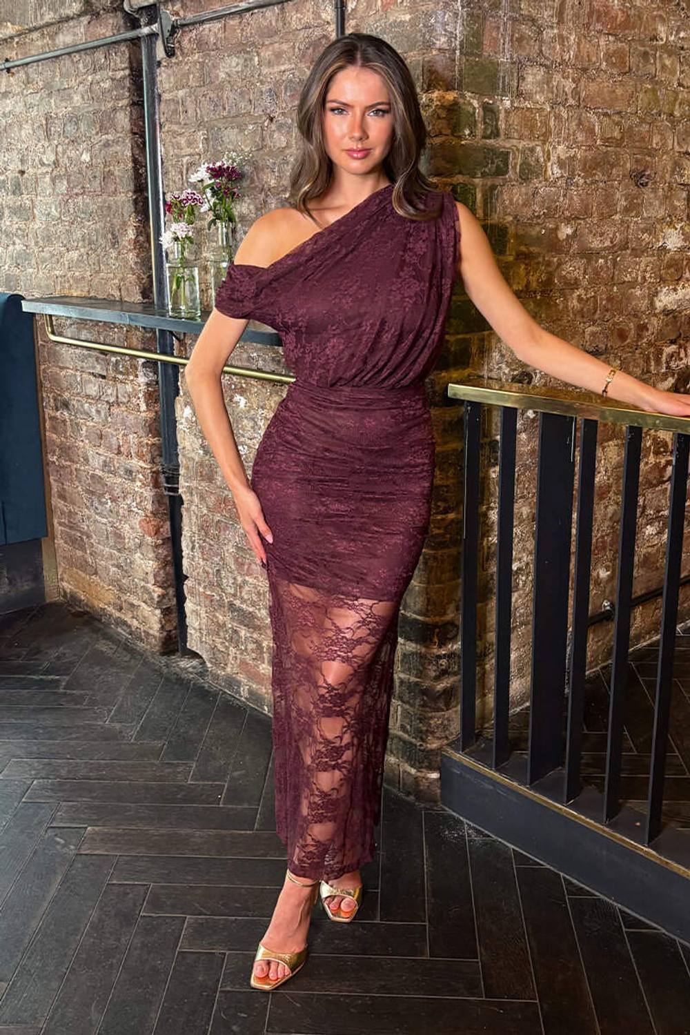 Ax Paris Plum Lace Overlay Off The Shoulder Midi Dress