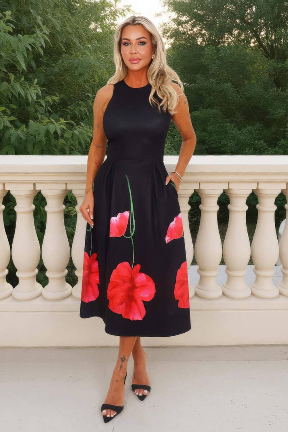 Ax Paris Black Floral Printed Skirt Racer Neck A-Line Midi Dress