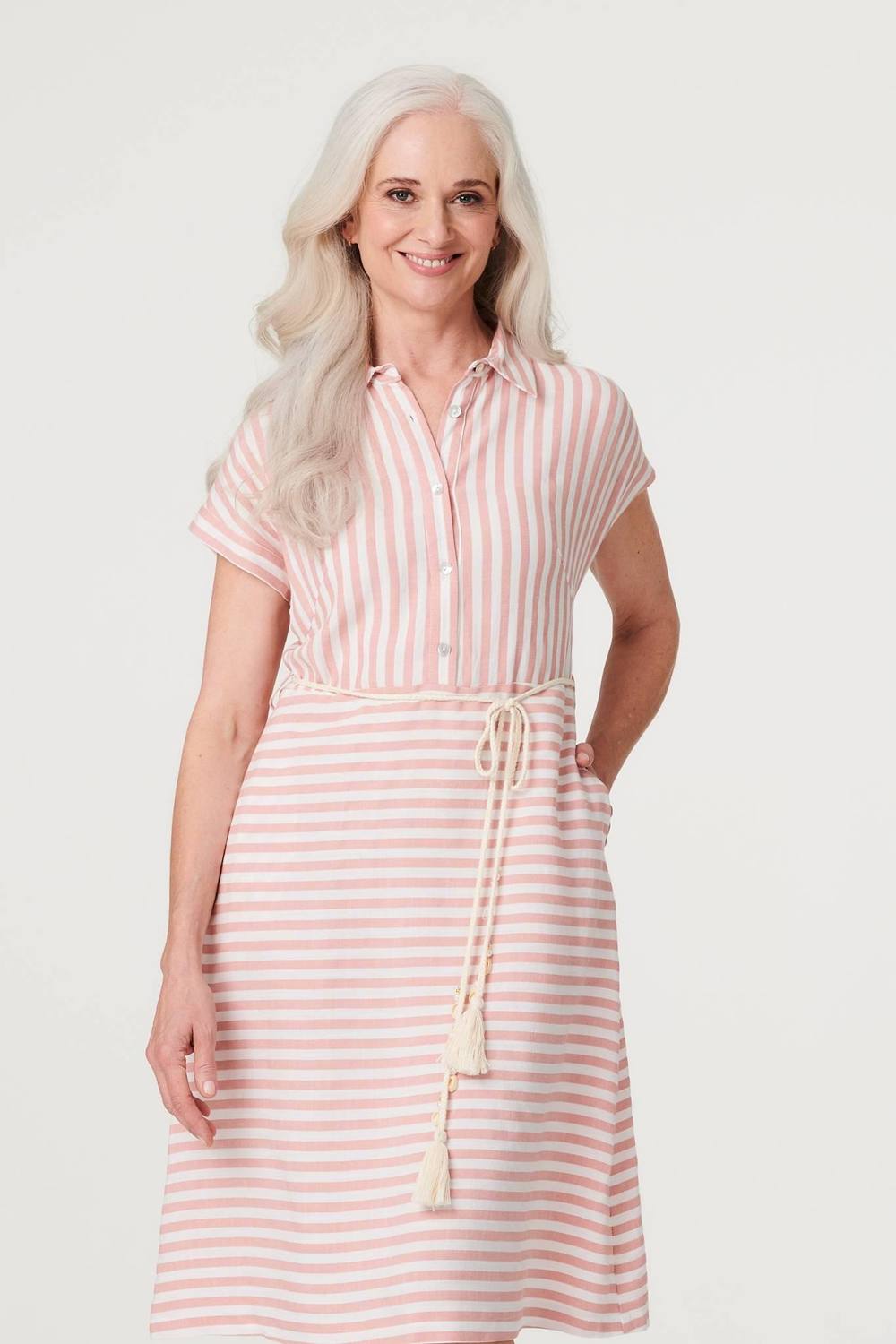 Izabel London Striped Tie Waist Knee Length Dress In Pink