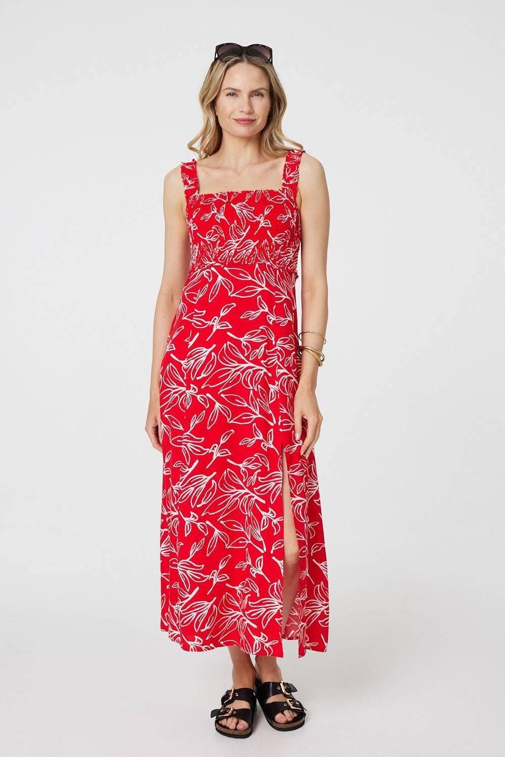 Izabel London Floral Square Neck Midi Sun Dress In Red