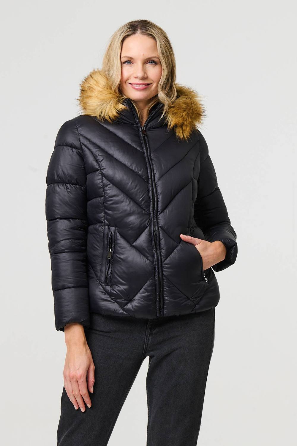 Izabel London Faux Fur Trim Hooded Puffer Jacket In Black