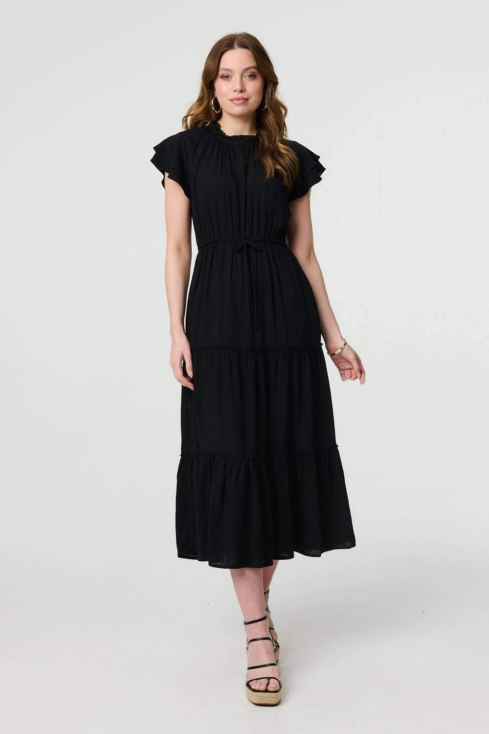 Izabel London Ruched Tiered Cap Sleeve Midi Dress In Black