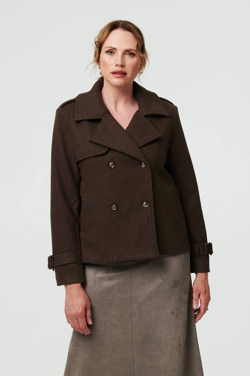 Izabel London Textured Button Front Short Trench Coat In Brown
