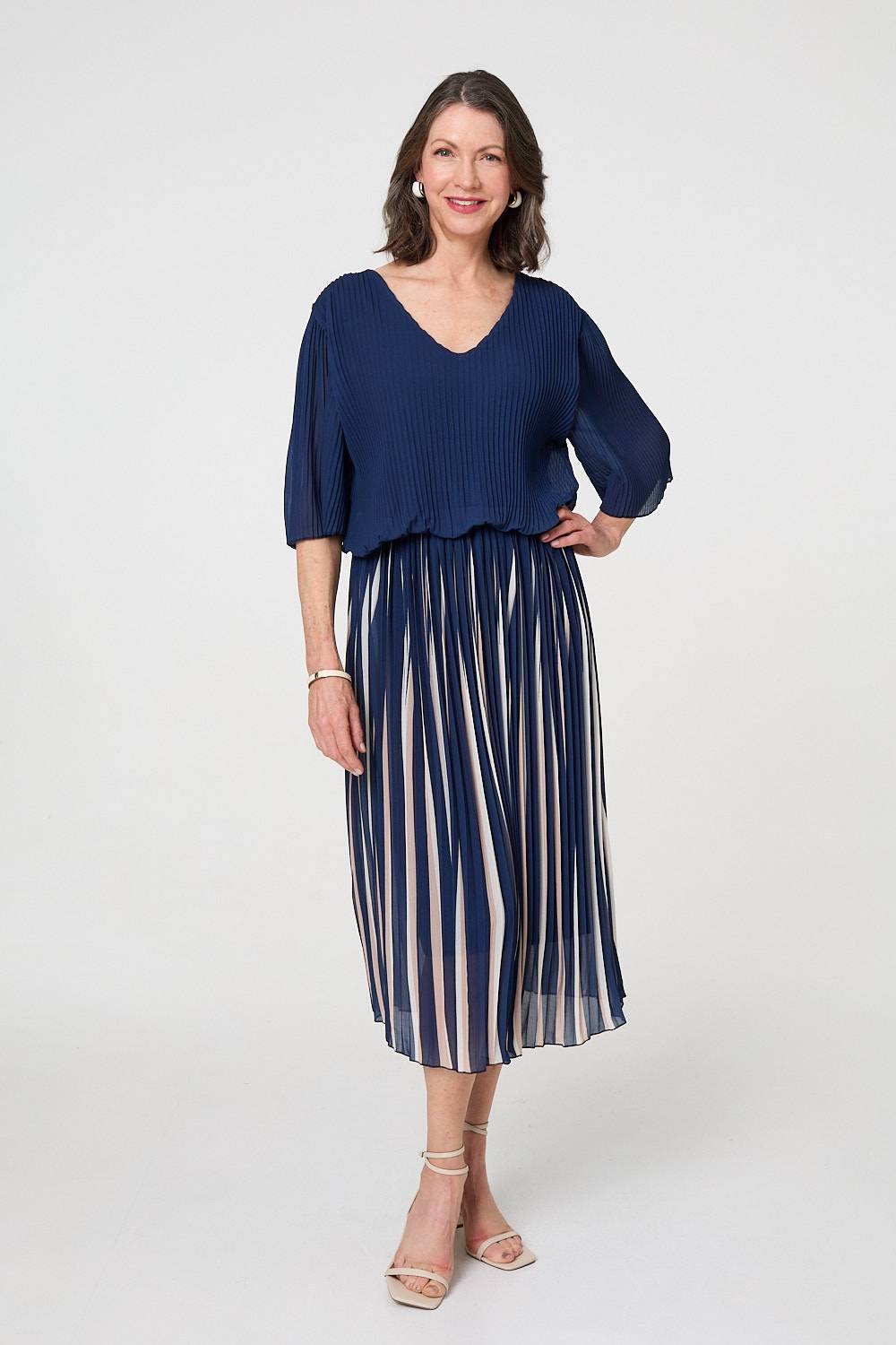 Izabel London Striped Pleat Sleeve Midi Dress In Blue