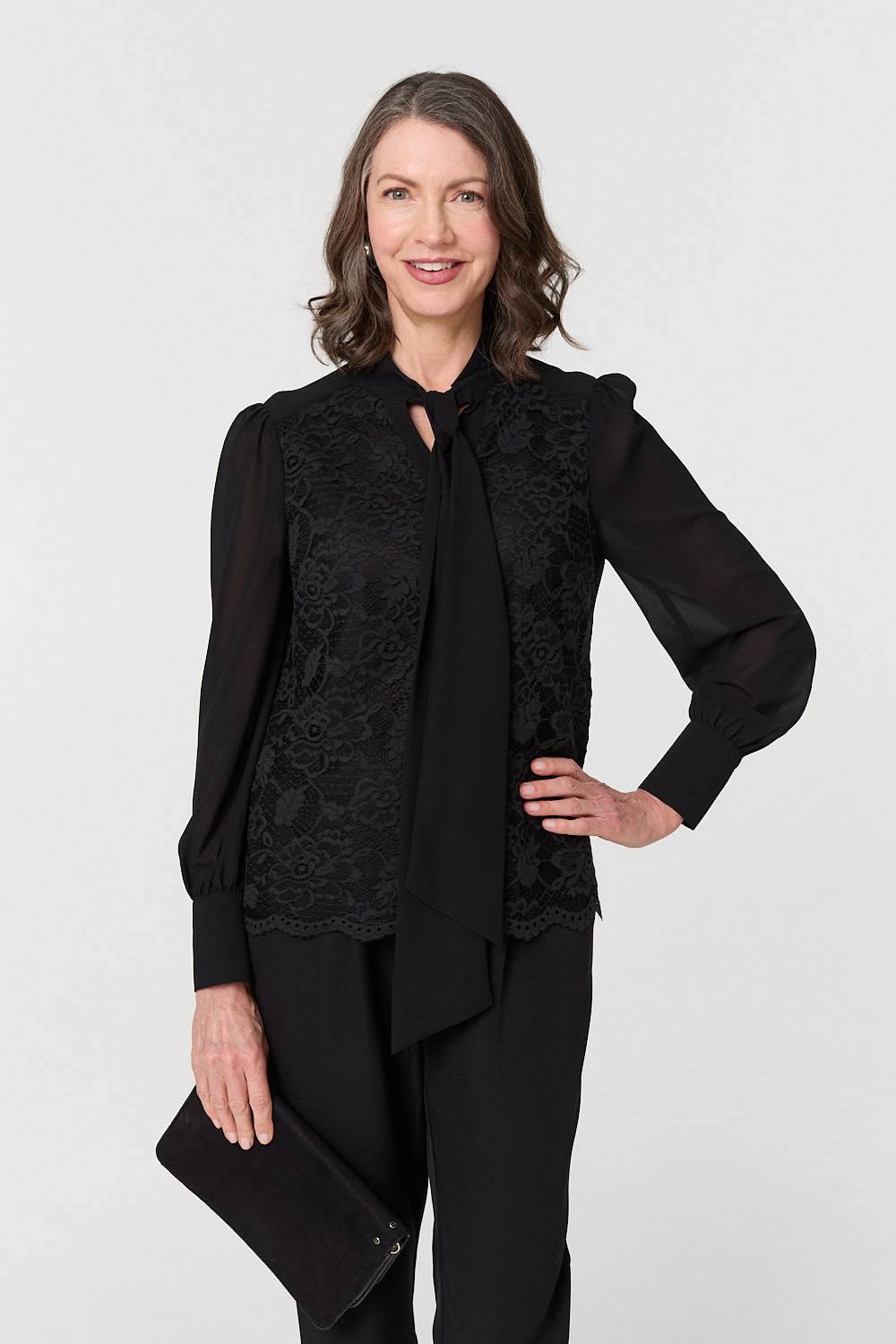 Izabel London Floral Lace Semi Sheer Textured Blouse In Black
