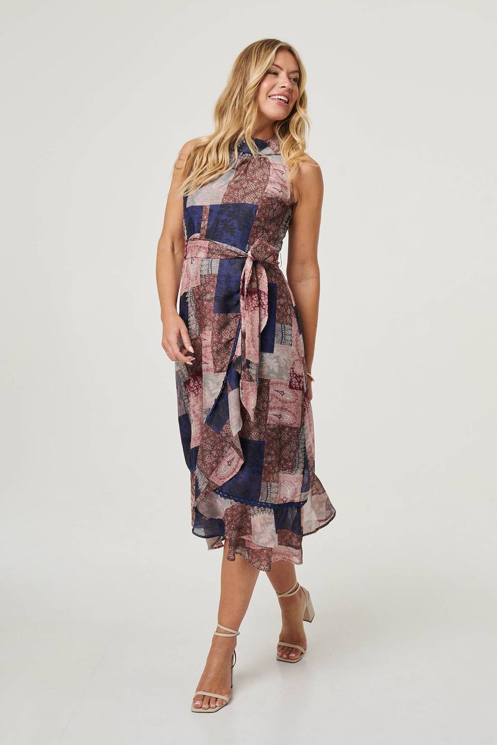 Izabel London Patchwork Sleeveless Midi Wrap Dress In Blue