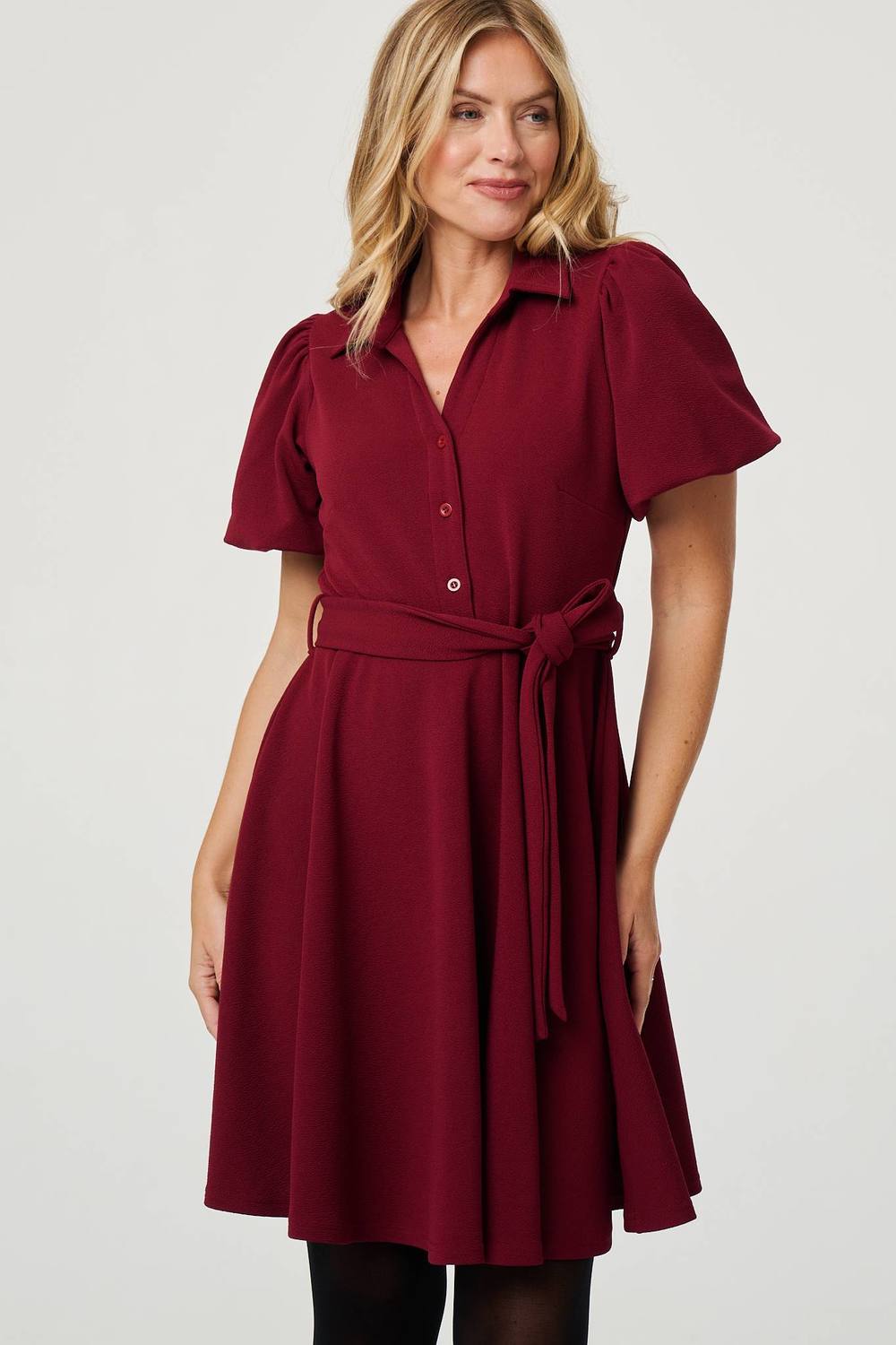 Izabel London Puff Sleeve Tie Waist Short Skater Dress In Red