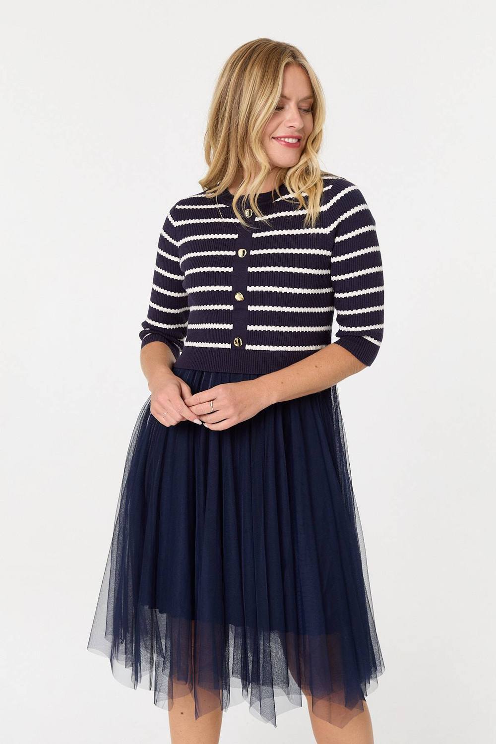 Izabel London Striped Knit Mesh Hanky Hem Midi Dress In Navy