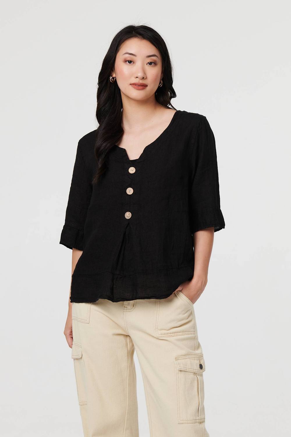 Izabel London Button Detail Sleeve Relaxed Blouse In Black