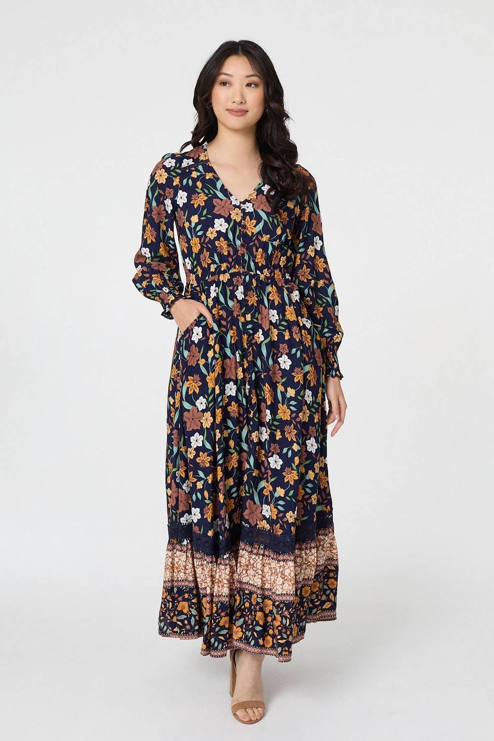 Izabel London Floral Border Print Smocked Maxi Dress In Navy